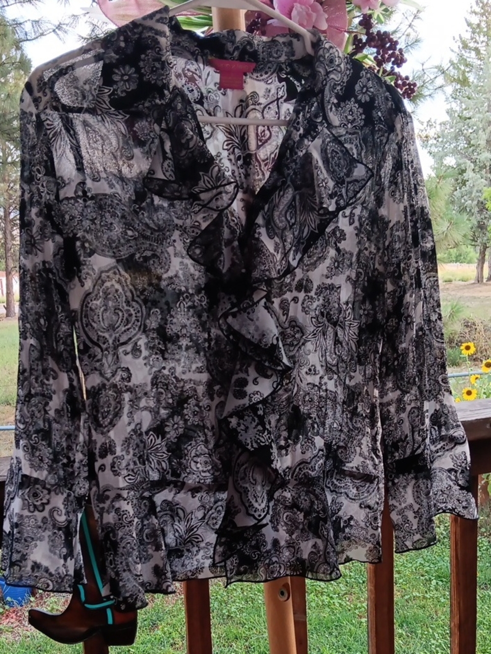Sunny Leigh Black & White Paisley Ruffle Sheer Blouse